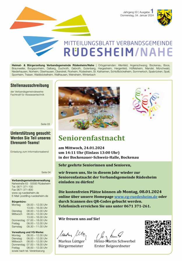 Mitteilungsblatt Verbandsgemeinde Rüdesheim und zugehörige Ortsgemeinden Titelblatt 01/2024