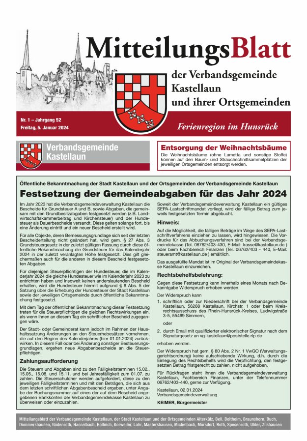 Mitteilungsblatt Kastellaun Titelblatt 01/2024