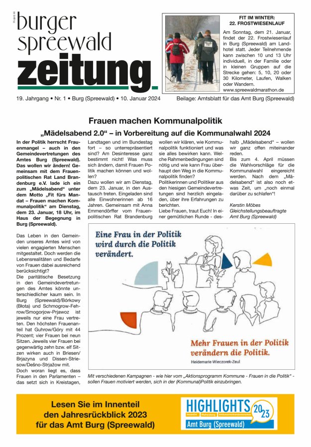 Burger Spreewald Zeitung - Amtsblatt für das Amt Burg (Spreewald) Titelblatt 01/2024