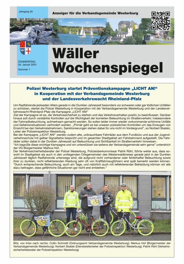 Wäller Wochenspiegel - Anzeiger für die Verbandsgemeinde Westerburg Titelblatt 01/2024