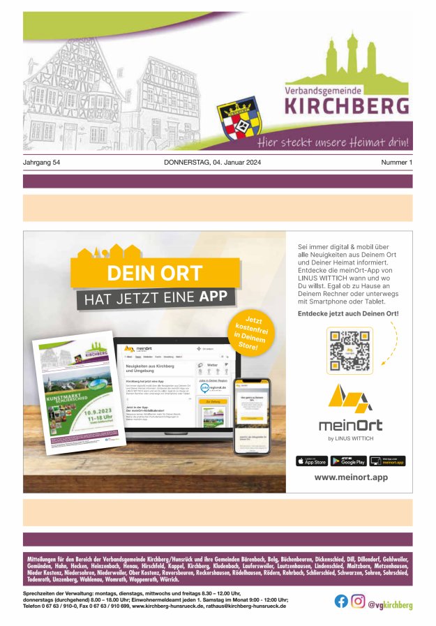 Mitteilungen der Verbandsgemeinde Kirchberg Hunsrück Titelblatt 01/2024