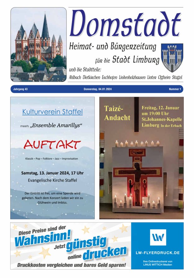 Domstadt - Heimat- und Bürgerzeitung für die Stadt Limburg Titelblatt 01/2024