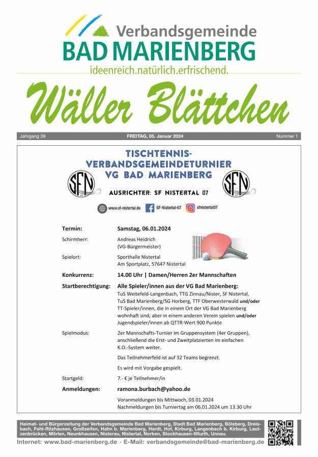 Wäller Blättchen - Verbandsgemeinde Bad Marienberg Titelblatt 01/2024