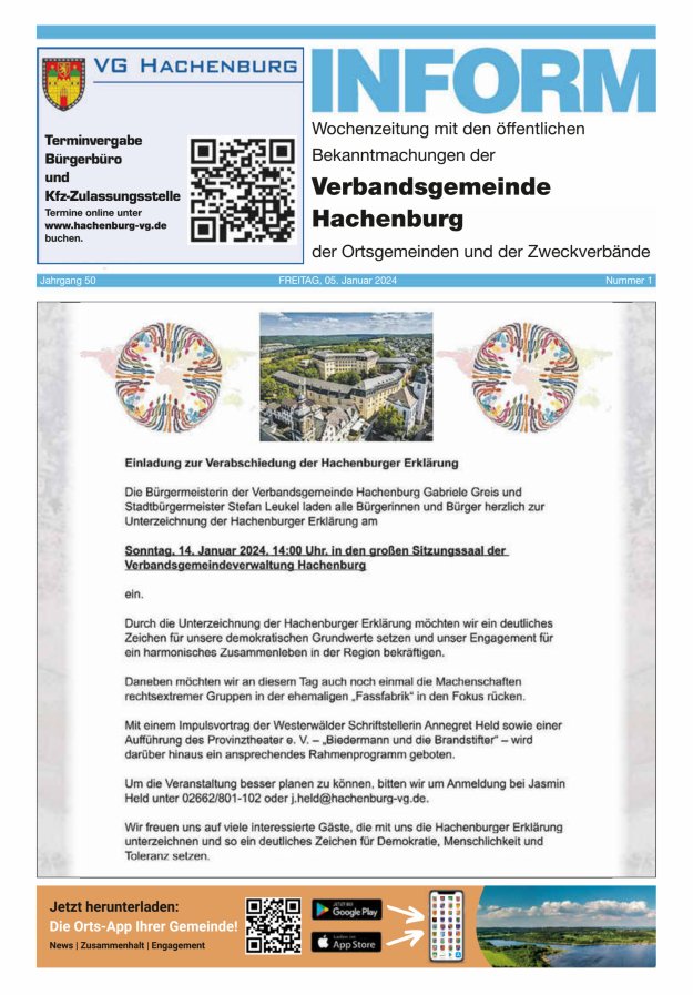 INFORM - Wochenzeitung der Verbandsgemeinde Hachenburg Titelblatt 01/2024