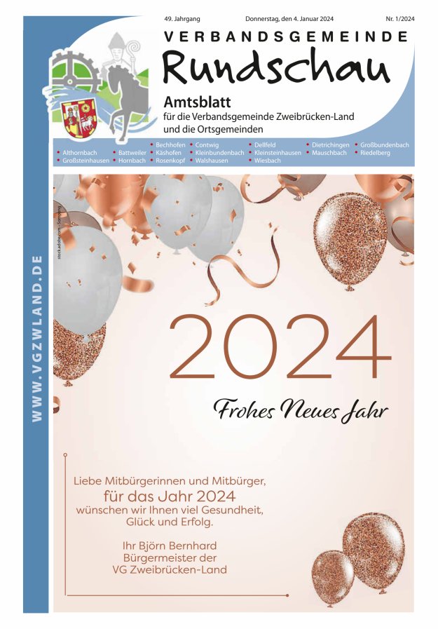 Verbandsgemeinde Rundschau Zweibrücken-Land Titelblatt 01/2024