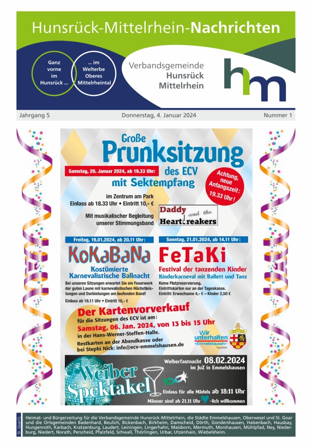 Hunsrück-Mittelrhein Nachrichten Ausgabe St Goar Oberwesel Titelblatt 01/2024