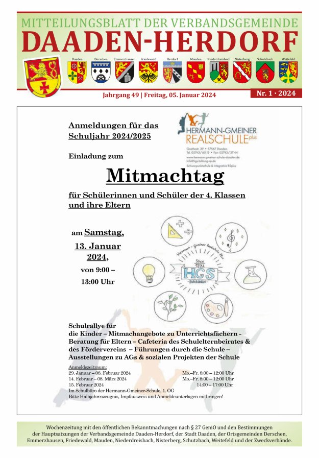 Mitteilungsblatt der Verbandsgemeinde Daaden-Herdorf Titelblatt 01/2024