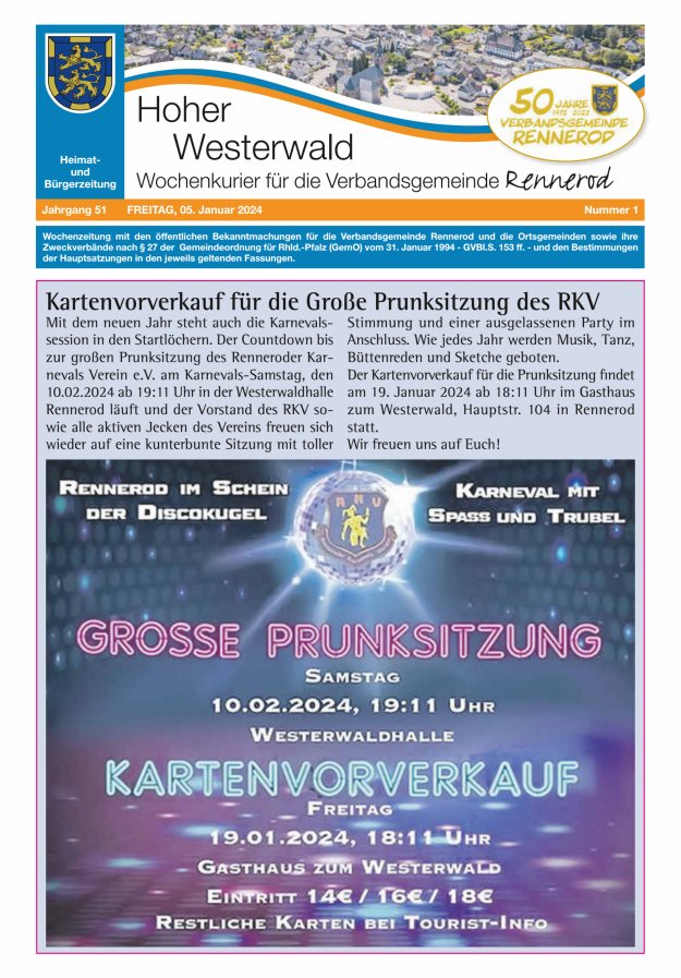 Hoher Westerwald - Wochenkurier für die Verbandsgemeinde Rennerod Titelblatt 01/2024