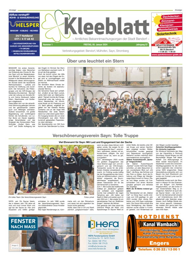 Kleeblatt - Amtliches Bekanntmachungsorgan der Stadt Bendorf Titelblatt 01/2024