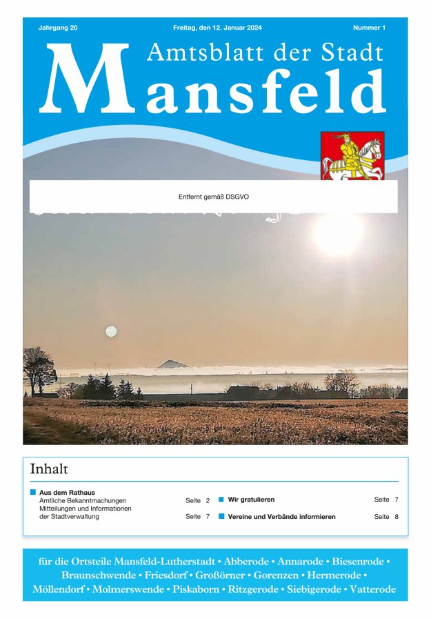 Amtsblatt der Stadt Mansfeld Titelblatt 01/2024