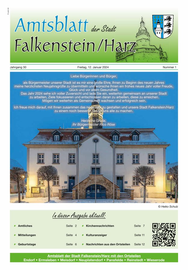 Amtsblatt der Stadt Falkenstein/Harz Titelblatt 01/2024