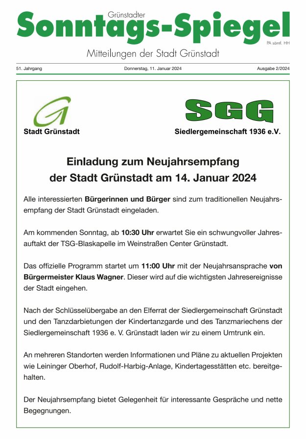 Grünstadter Sonntags-Spiegel Titelblatt 01/2024