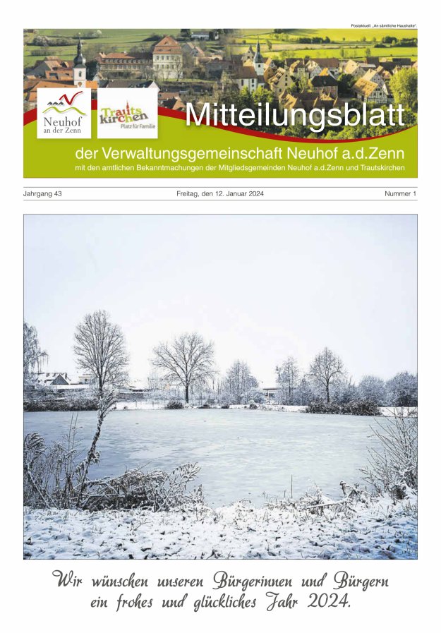 Mitteilungsblatt der Verwaltungsgemeinschaft Neuhof an der Zenn mit den amtlichen Bekanntmachungen der Mitgliedsgemeinden Neuhof an der Zenn und Trautskirchen Titelblatt 01/2024