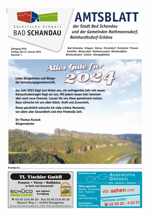 Amtsblatt der Stadt Bad Schandau und der Gemeinden Titelblatt 01/2024