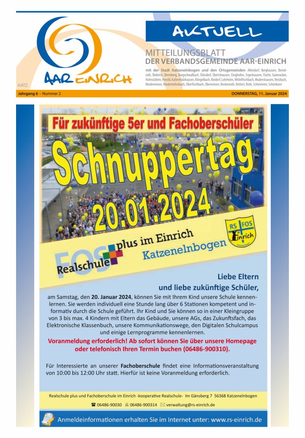 Mitteilungsblatt der Verbandsgemeinde Aar-Einrich Ausgabe Katzenelnbogen Titelblatt 02/2024