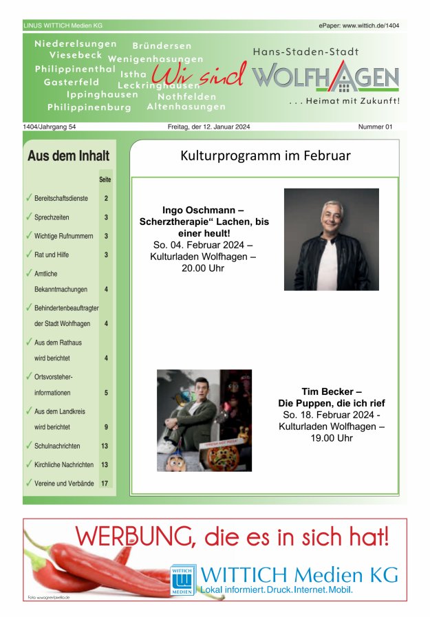Wolfhager Stadtanzeiger Titelblatt 01/2024