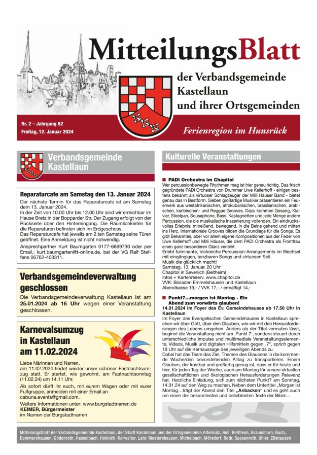 Mitteilungsblatt Kastellaun Titelblatt 02/2024