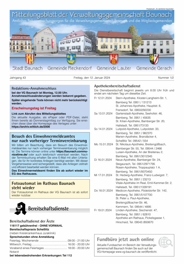Mitteilungsblatt Verwaltungsgemeinschaft Baunach Titelblatt 01/2024