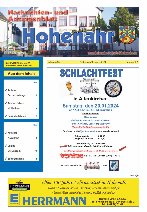 Nachrichten- und Anzeigenblatt für die Gemeinde Hohenahr Titelblatt 02/2024