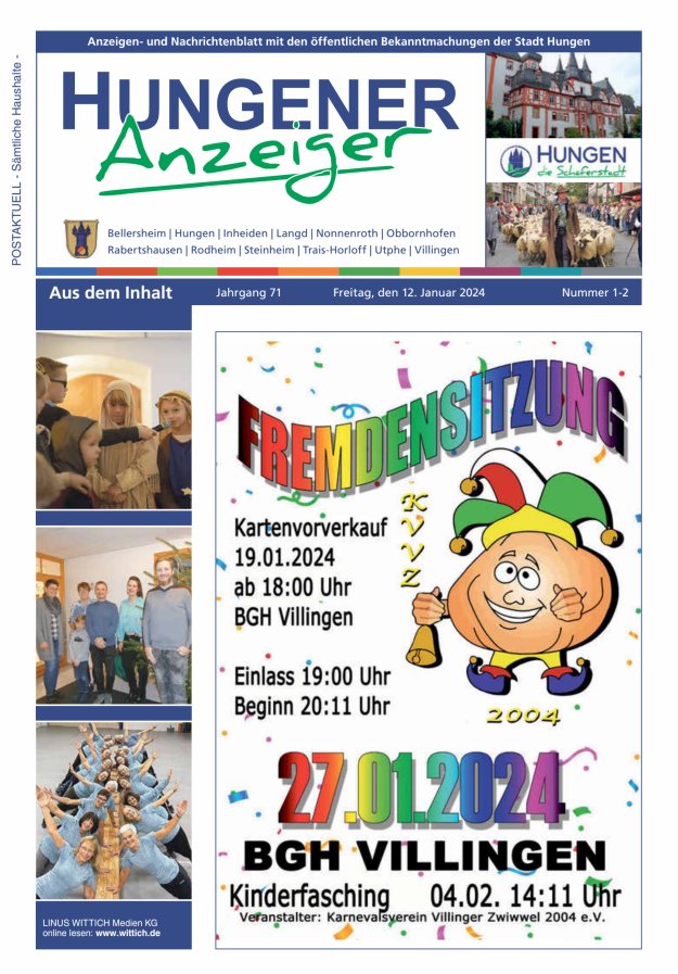 Anzeigen- und Nachrichtenblatt mit den öff  Bekanntmachungen der Stadt Hungen Titelblatt 02/2024