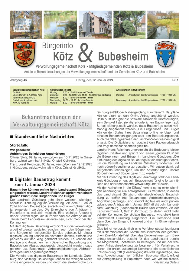 Amtsblatt der VG Kötz und der Mitgliedsgemeinden Titelblatt 01/2024