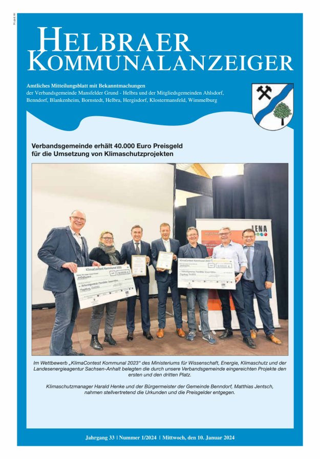 Helbraer Kommunalanzeiger – Amtliches Mitteilungsblatt mit Bekanntmachungen Titelblatt 01/2024