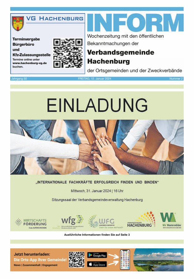 INFORM - Wochenzeitung der Verbandsgemeinde Hachenburg Titelblatt 02/2024