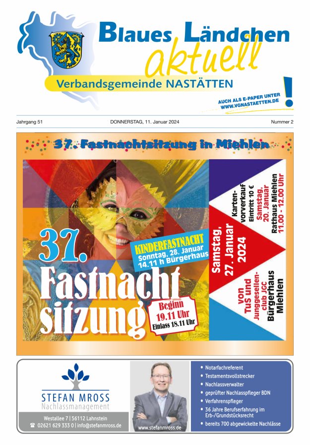 Blaues Ländchen aktuell - Heimat- u Bürgerzeitung VG Nastätten Titelblatt 02/2024