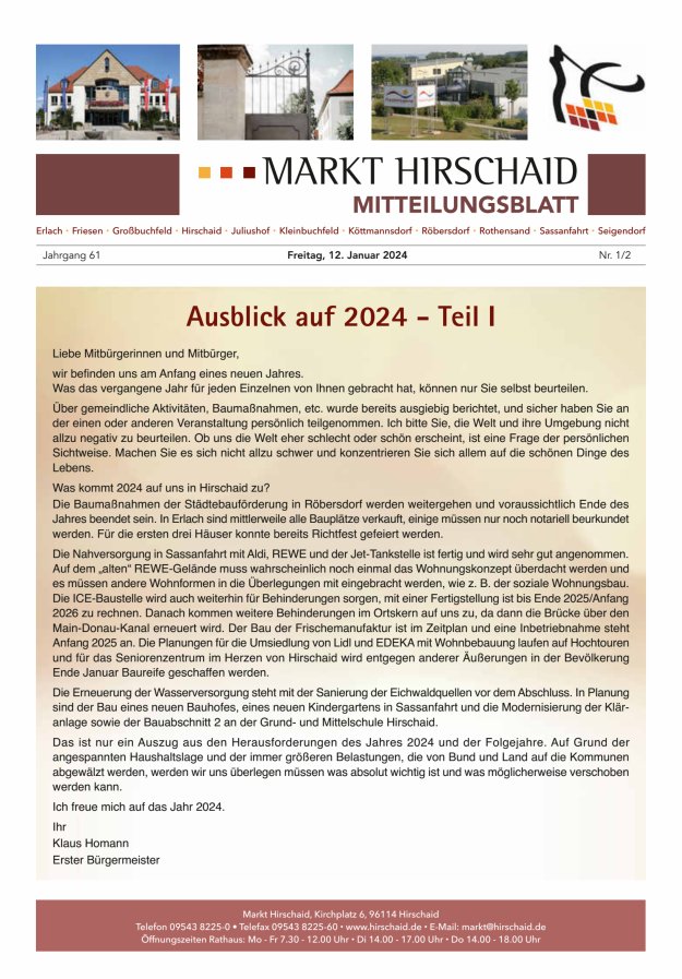 Mitteilungsblatt Markt Hirschaid Titelblatt 01/2024