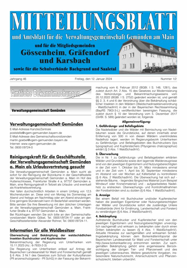Mitteilungsblatt der VG Gemünden a Main Titelblatt 01/2024