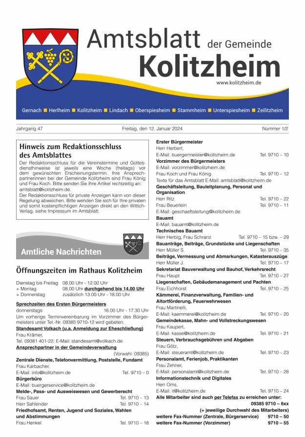 Amtsblatt der Gemeinde Kolitzheim Titelblatt 01/2024