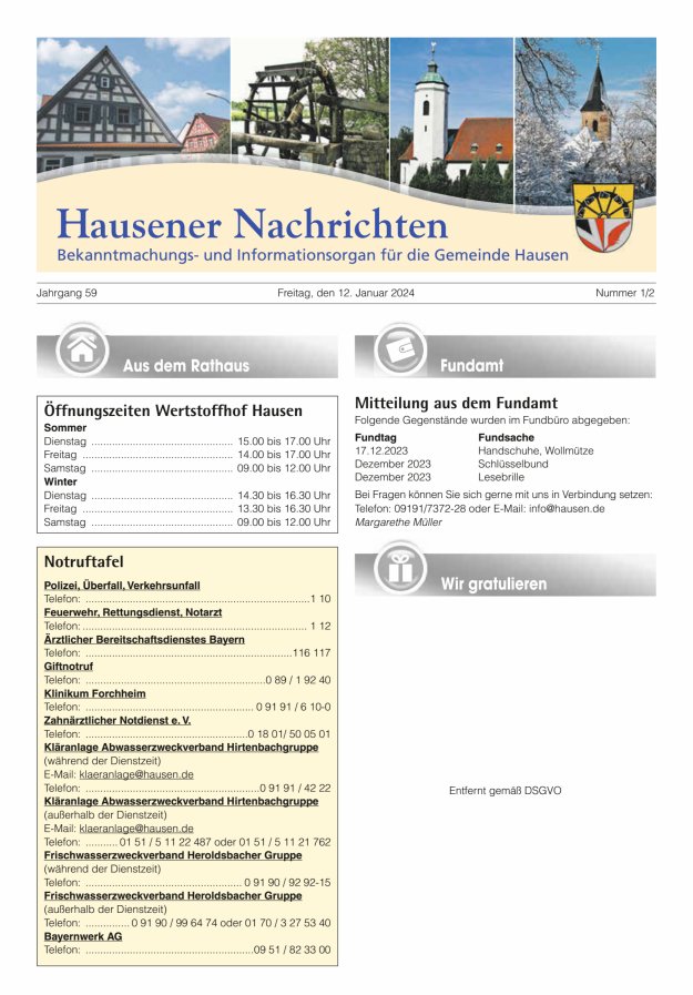 Hausener Nachrichten Titelblatt 01/2024