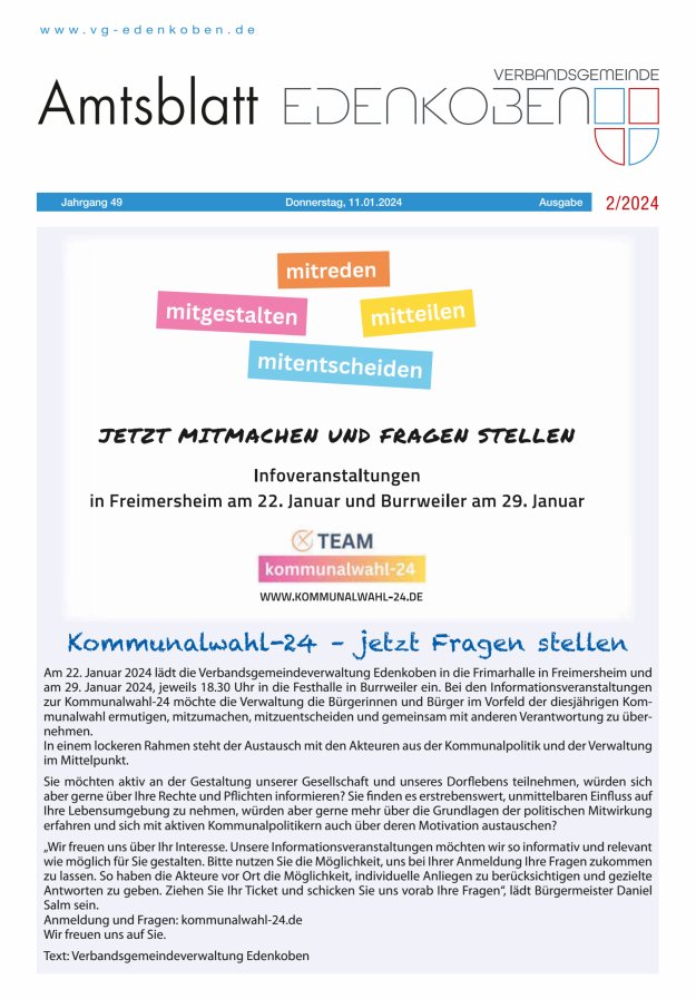 Amtsblatt VG Edenkoben Titelblatt 02/2024