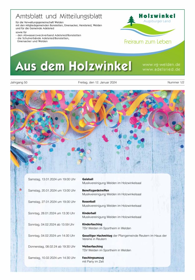 Aus dem Holzwinkel Amtsblatt u Mitteilungsblatt f VG Welden u GemAdelsried Titelblatt 01/2024