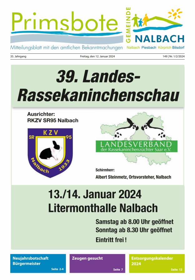 Primsbote Gemeinde Nalbach Titelblatt 01/2024
