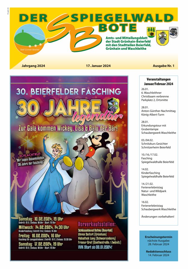 Der Spiegelwaldbote - Amts- und Mitteilungsblatt der Gemeinde Grünhain-Beierfeld  Titelblatt 01/2024