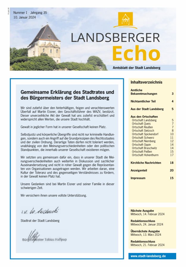 Landsberger Echo – Amtsblatt der Stadt Landsberg Titelblatt 01/2024