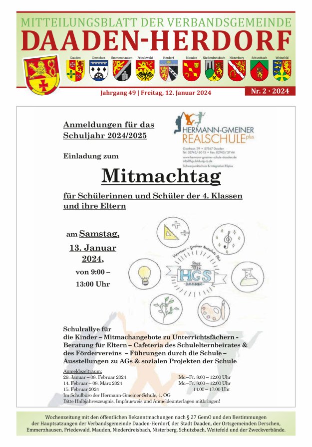 Mitteilungsblatt der Verbandsgemeinde Daaden-Herdorf Titelblatt 02/2024