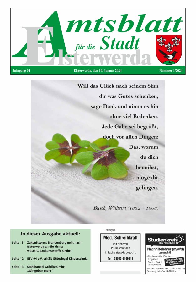 Amtsblatt für die Stadt Elsterwerda Titelblatt 01/2024