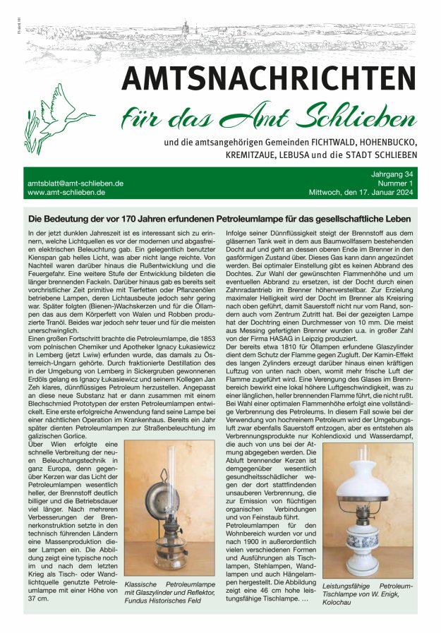 Amtsnachrichten – Amtsblatt für das Amt Schlieben und die amtsangehörigen Gemeinden Titelblatt 01/2024