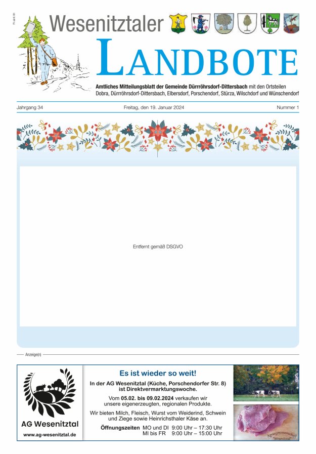 Wesenitztaler Landbote – Amtliches Mitteilungsblatt der Gemeinde Dürrröhrsdorf-Dittersbach Titelblatt 01/2024