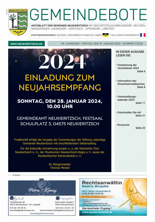 Gemeindebote - Amtsblatt der Gemeinde Neukieritzsch mit den Ortsteilen Titelblatt 01/2024