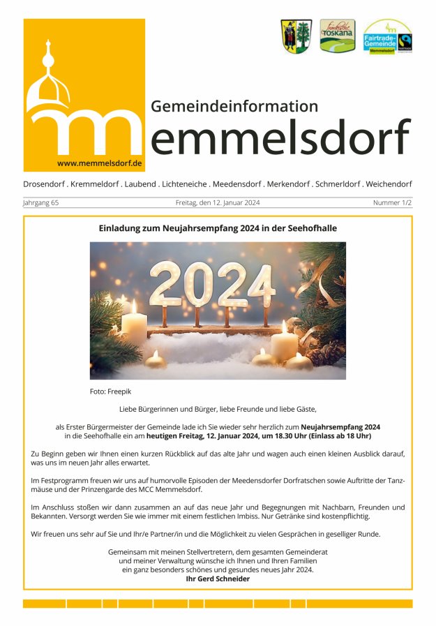 Mitteilungsblatt der Gemeinde Memmelsdorf Titelblatt 01/2024