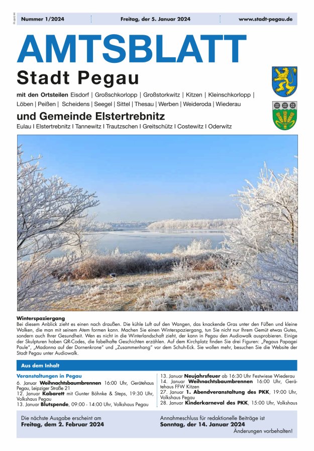 Amtsblatt Stadt Pegau und Gemeinde Elstertrebnitz  Titelblatt 01/2024