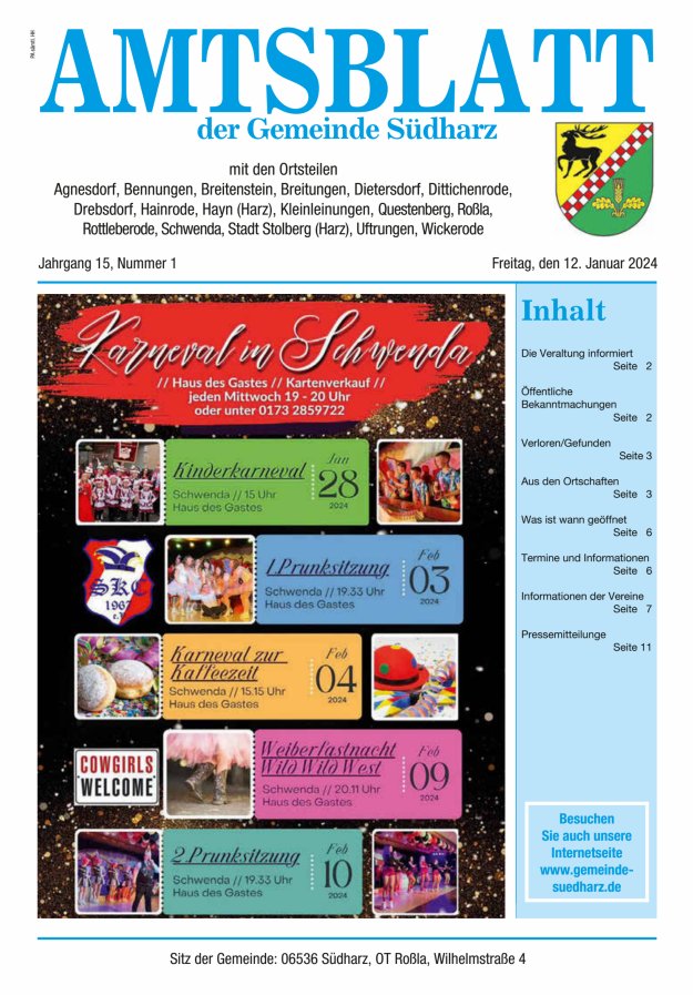 Amtsblatt der Gemeinde Südharz Titelblatt 01/2024