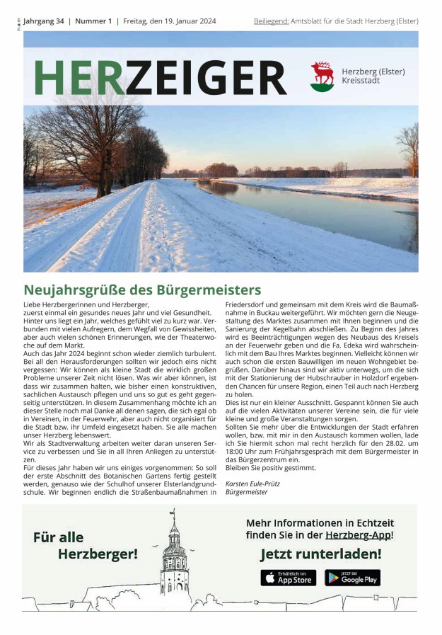 Amtsblatt für die Stadt Herzberg (Elster) mit Bekanntmachungen der Stadt  Titelblatt 01/2024