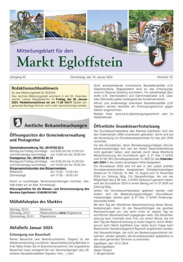 Mitteilungsblatt für den Markt Egloffstein Titelblatt 01/2024