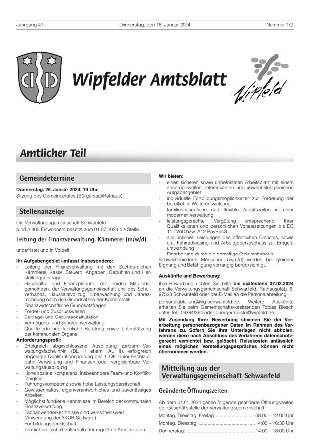 Wipfelder Amtsblatt Titelblatt 01/2024
