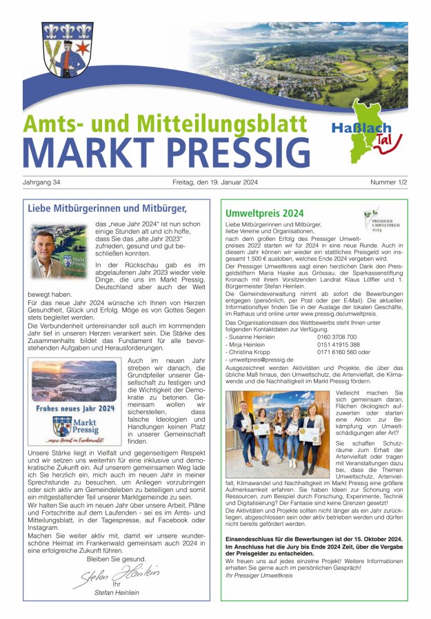 Amtsblatt für den Markt Pressig mit den Gemeindeteilen Titelblatt 01/2024