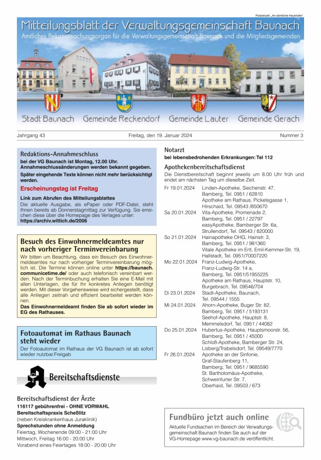 Mitteilungsblatt Verwaltungsgemeinschaft Baunach Titelblatt 03/2024